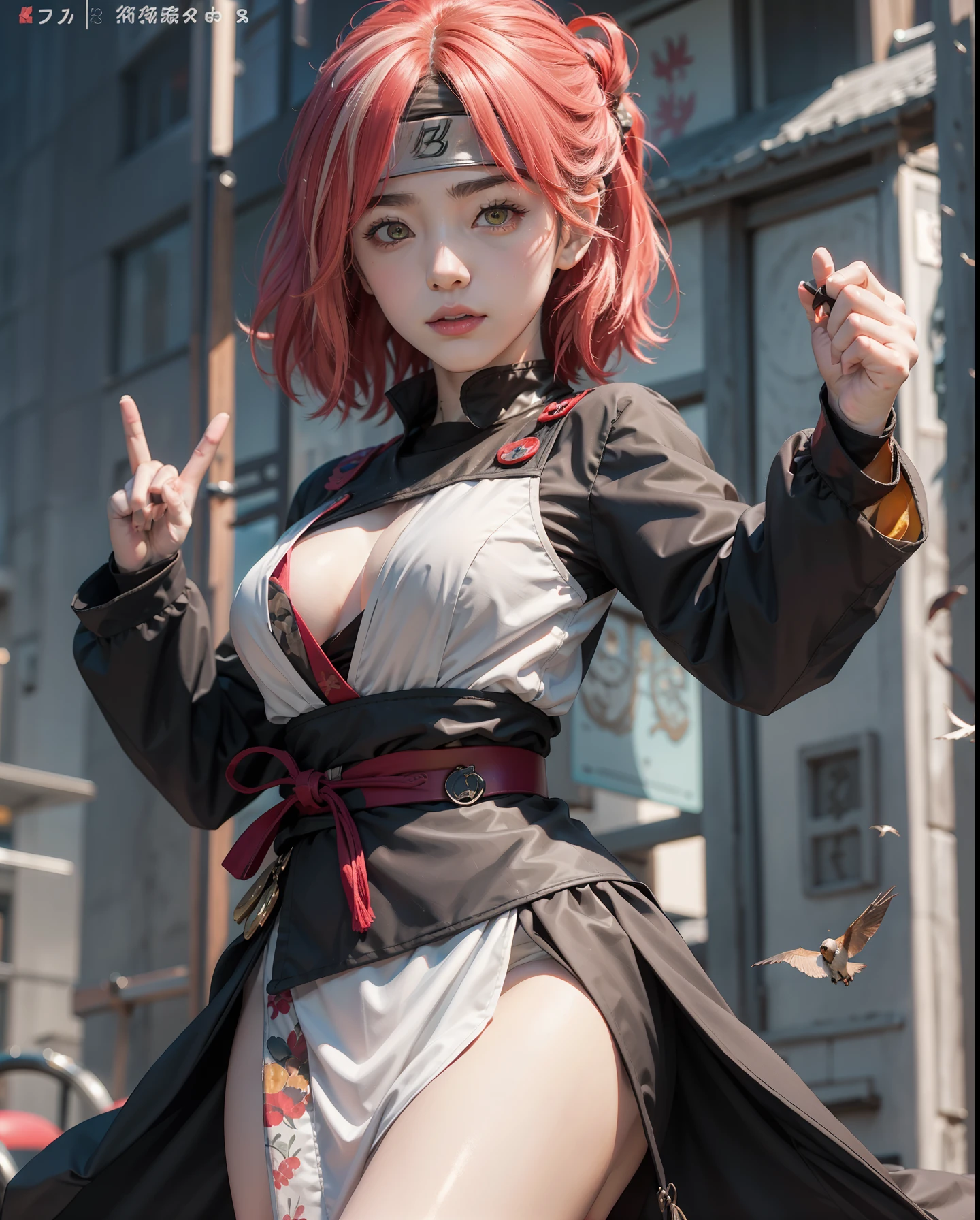 Ninjutsu Academy Uniform、ninjartist、Ninjutsu Master、1Beautifulwoman、Ninjutsu Academy Uniform、,Golden hair,short-cut,Golden Eyes、Dynamism、Slow shutter、Finish as shown in the photo、Bird's-eye view