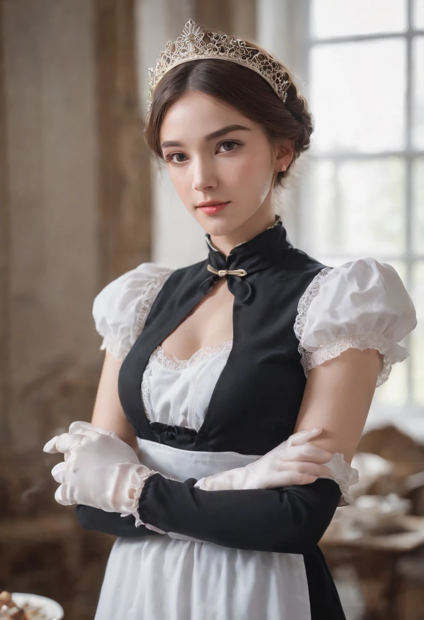 1girl, apron, black_dress, blurry, blurry_background, blurry_foreground, blush, braid, breasts, depth_of_field, dress, eyebrows_visible_through_hair, frills, gloves, hair_between_eyes, hand_on_own_cheek, hand_on_own_face, head_rest, indoors, jewelry, juliet_sleeves, long_sleeves, looking_at_viewer, maid, maid_apron, maid_headdress, puffy_sleeves, short_hair, sitting, solo, white_apron, window, yellow_eyes