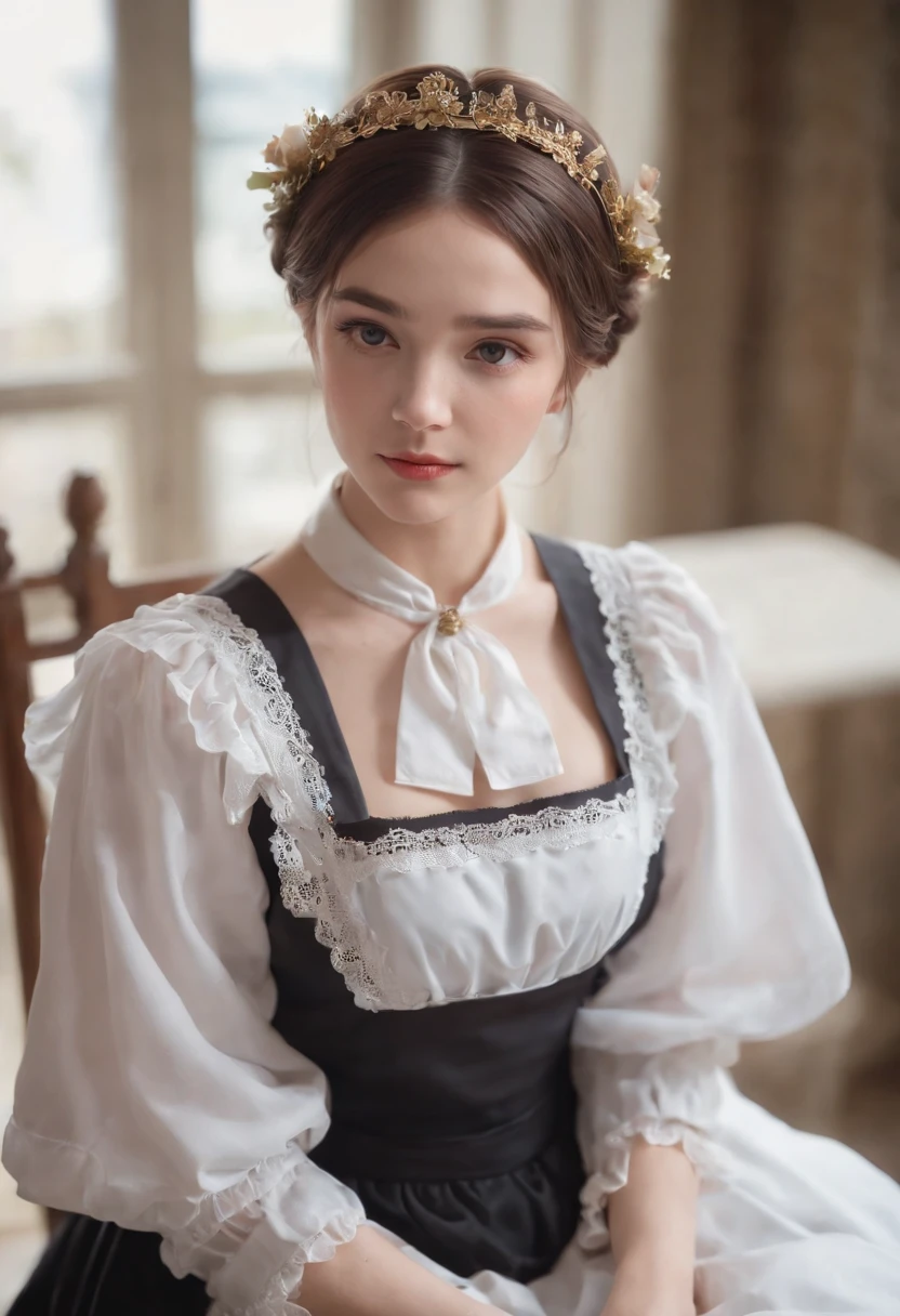 1girl, apron, black_dress, blurry, blurry_background, blurry_foreground, blush, braid, breasts, depth_of_field, dress, eyebrows_visible_through_hair, frills, gloves, hair_between_eyes, hand_on_own_cheek, hand_on_own_face, head_rest, indoors, jewelry, juliet_sleeves, long_sleeves, looking_at_viewer, maid, maid_apron, maid_headdress, puffy_sleeves, short_hair, sitting, solo, white_apron, window, yellow_eyes