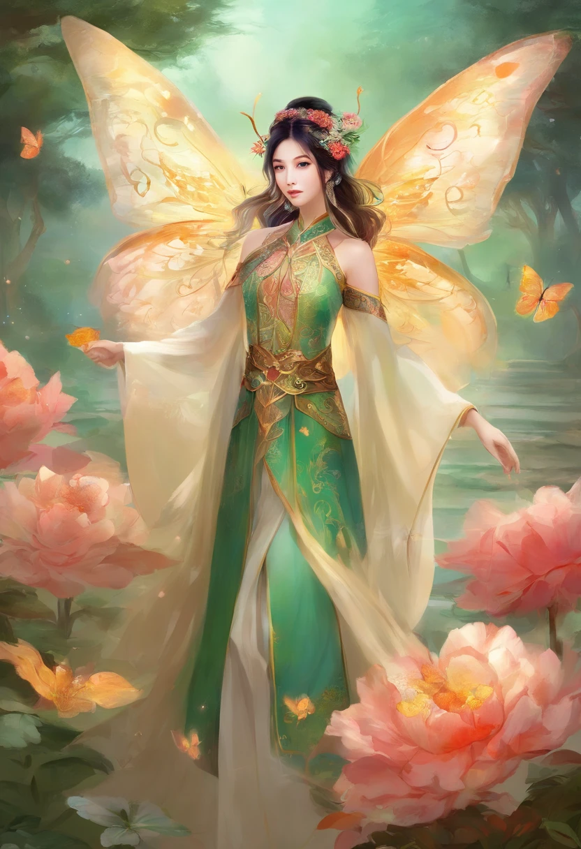 Wearing Chinese Han Dynasty costumes，Chinese fairy with loose black hair，verde claro，There are a lot of insects，butterflys，ladybug，The fairy has butterflies on her hands，Butterflies are flying around，Flowers make the background，Fairy side face