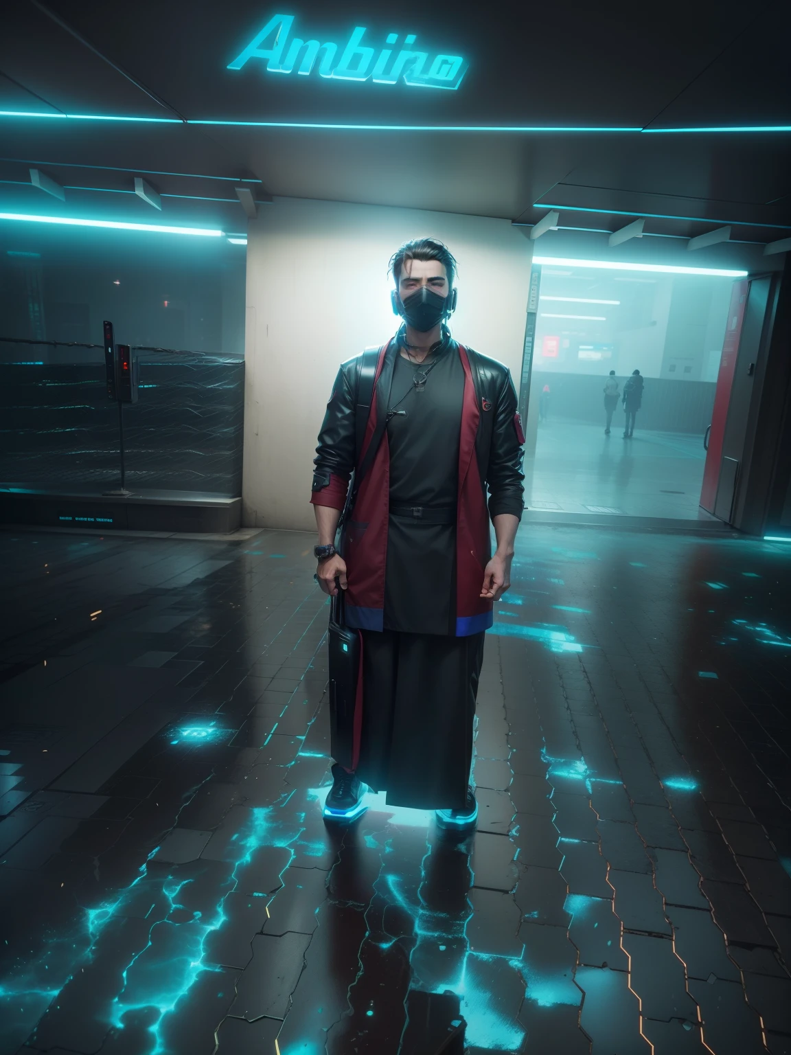 Make AI version, handsome, cyberpunk baground, realistic, rich feeling