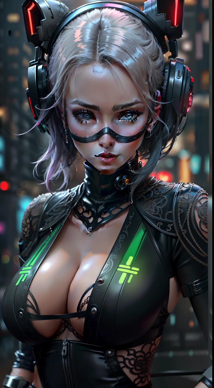 ((from chest up)), ((masterpiece)), ((She is sexy and sensual)), femme fatale, She is in a city cyberpunk, fantasic atmosphere, atmospheric perspective, latex clothes, latex gloves, ultra sharate clothes))), ((((intricate)))), ultrarealistic, dynamic, smooth, sharp focus, illustration, 8k, cinematic light