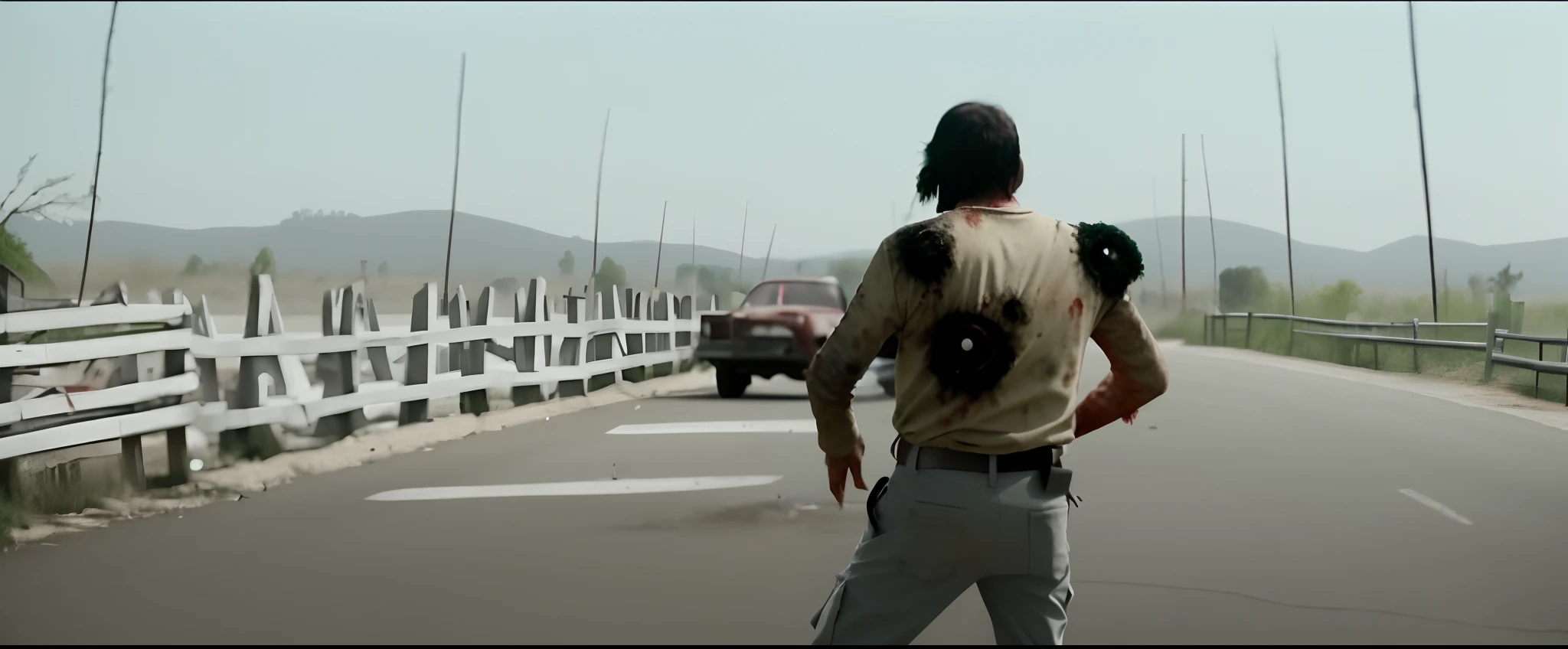 A zombie in a clearing,It was covered with bullet holes,cinematic style,Cameron Films,