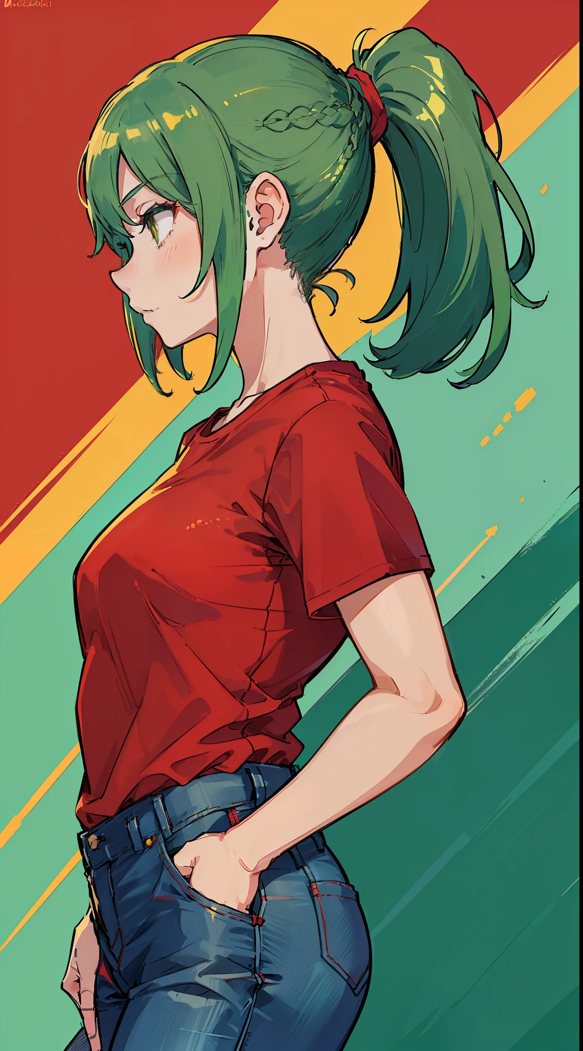 (((1girl wearing simple red shirt and jeans, profile drawing, green hair, ponytail, walking)))