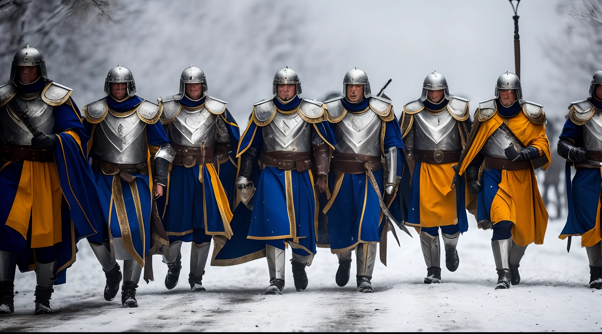 Several Roman legionaires, all male, metal armor, shields, marching in the snow --auto