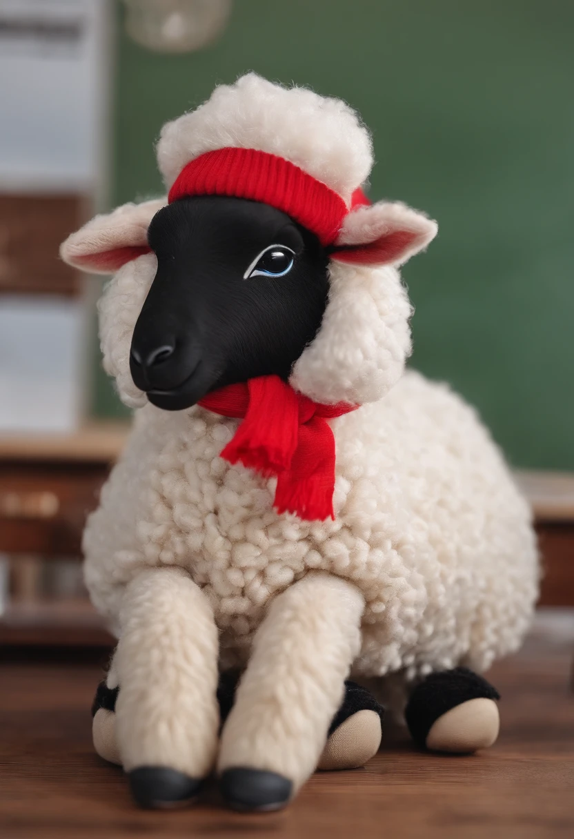 in class room，A cute little sheep sitting on a school desk。Its white fuzz shiny reflecting light，Looks soft and comfortable。But，Its two red nostrils and hot forehead reveal the discomfort of its cold。The little sheep wears a blue hat，A big red scarf hangs from the hat。It squinted at a pair of round eyes，It seems that efforts are being made to listen to the teacher。There was a pen on the table、A piece of paper and a school bag，It looks like it's ready for a tough learning journey。The blackboard in the classroom is full of various knowledge points，Outside the window, you can see the green grass、Spring view with flowers in full bloom。In such a comfort、An environment full of life，Little sheep with classmates，Set out for an ocean of knowledge！