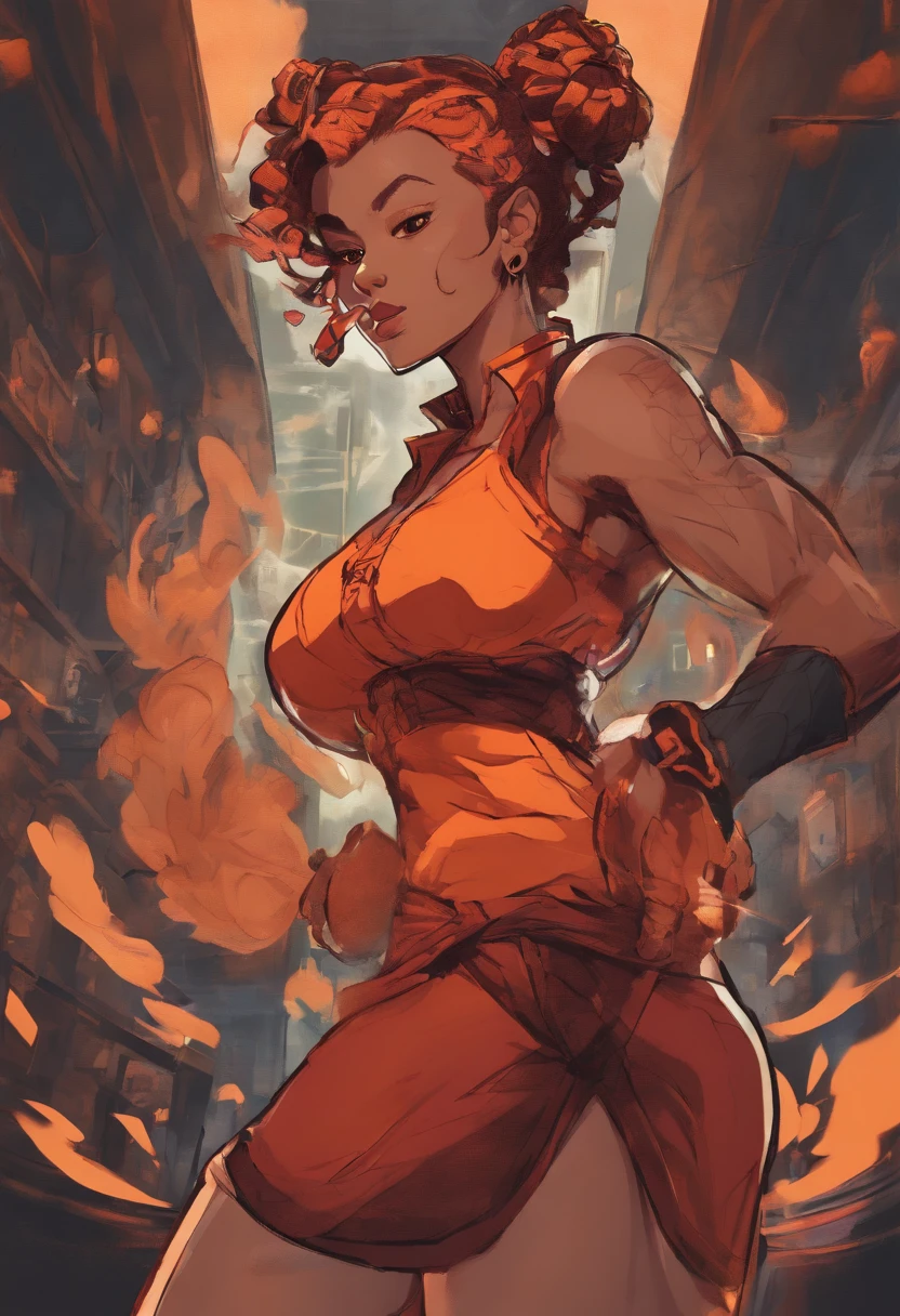 high resolution thick-line impact frame, character art (dark-skinned female), (black and orange hair in twintails, hetrochromia orange and gold Almond shaped eyes , full lips, full breast , shapely ass, wide nubian concave nose, heart shaped strong physique, strong, alluring,)::10 (immortal, Guild leader, wearing black boots and sensual red and orange summer dress:1.2). Wears a red tattoo of a Stylistic 'R' on her abdomen. Her right hand on hip with left hand glowing in a ghastly spiritual power. She has a strong magnificent body emmiting a visible silver aura., )::4 (masterpiece), high quality, Octane Render, intricate, intricate details, maximalist, highly detailed, finely detailed, ultra-detailed, Rival Schools, Edayn, udon, and Alex "oh8" Ahmed. The two-tone background features a busy festive futuristic street at night --
