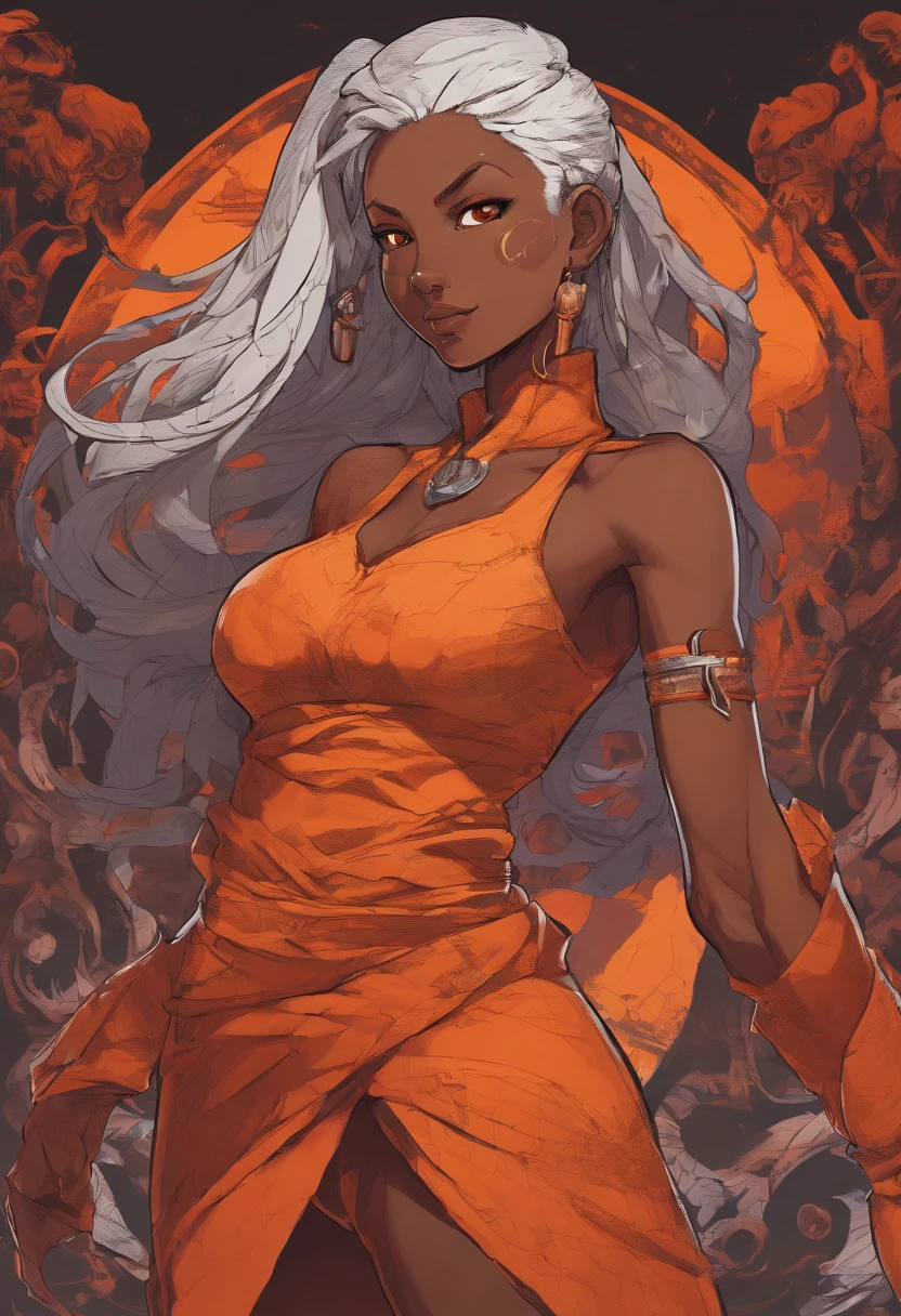 high resolution thick-line impact frame, character art (dark-skinned female), (black and orange hair in twintails, hetrochromia orange and gold Almond shaped eyes , full lips, full breast , shapely ass, wide nubian concave nose, heart shaped strong physique, strong, alluring,)::10 (immortal, Guild leader, wearing black boots and sensual red and orange summer dress:1.2). Wears a red tattoo of a Stylistic 'R' on her abdomen. Her right hand on hip with left hand glowing in a ghastly spiritual power. She has a strong magnificent body emmiting a visible silver aura., )::4 (masterpiece), high quality, Octane Render, intricate, intricate details, maximalist, highly detailed, finely detailed, ultra-detailed, Rival Schools, Edayn, udon, and Alex "oh8" Ahmed. The two-tone background features a busy festive futuristic street at night --