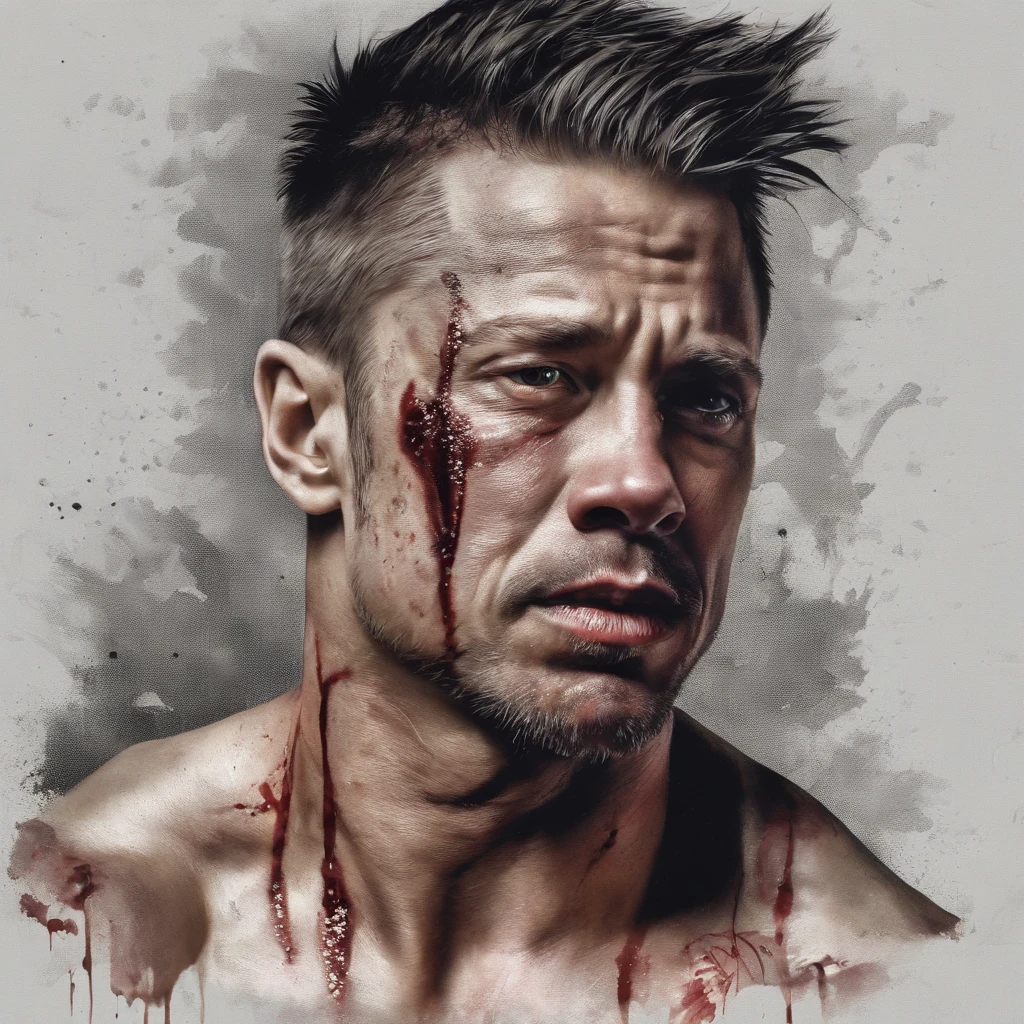 arafed man with a mohawk and a tattoo on his face, tyler durden, fight club, brad pitt portrait, brad pitt, portrait of brad pitt, with a bruised face and bruises, wearing war paint, blood on clothes and face, war paint, christian, jeremy renner, scene from fightclub movie, blood splatter on the sides
