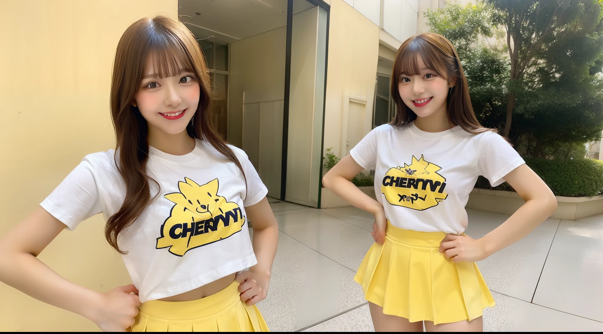 Cheergirl in yellow mini skirt wearing white t-shirt