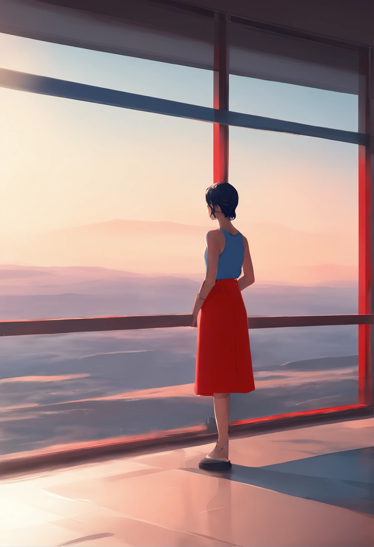 A girl dressed in red and blue looks out the window at the image of Arafard, wojtek fus, Ross Tran 8 K, cgsociety 8 k, cgsociety 8k, cgsociety 8k, Realistic anime 3 D style, Artgerm and Atey Ghailan, Ilya Kuvshinov. 4 k'', cinematic cgsociety, cgsociety inspired