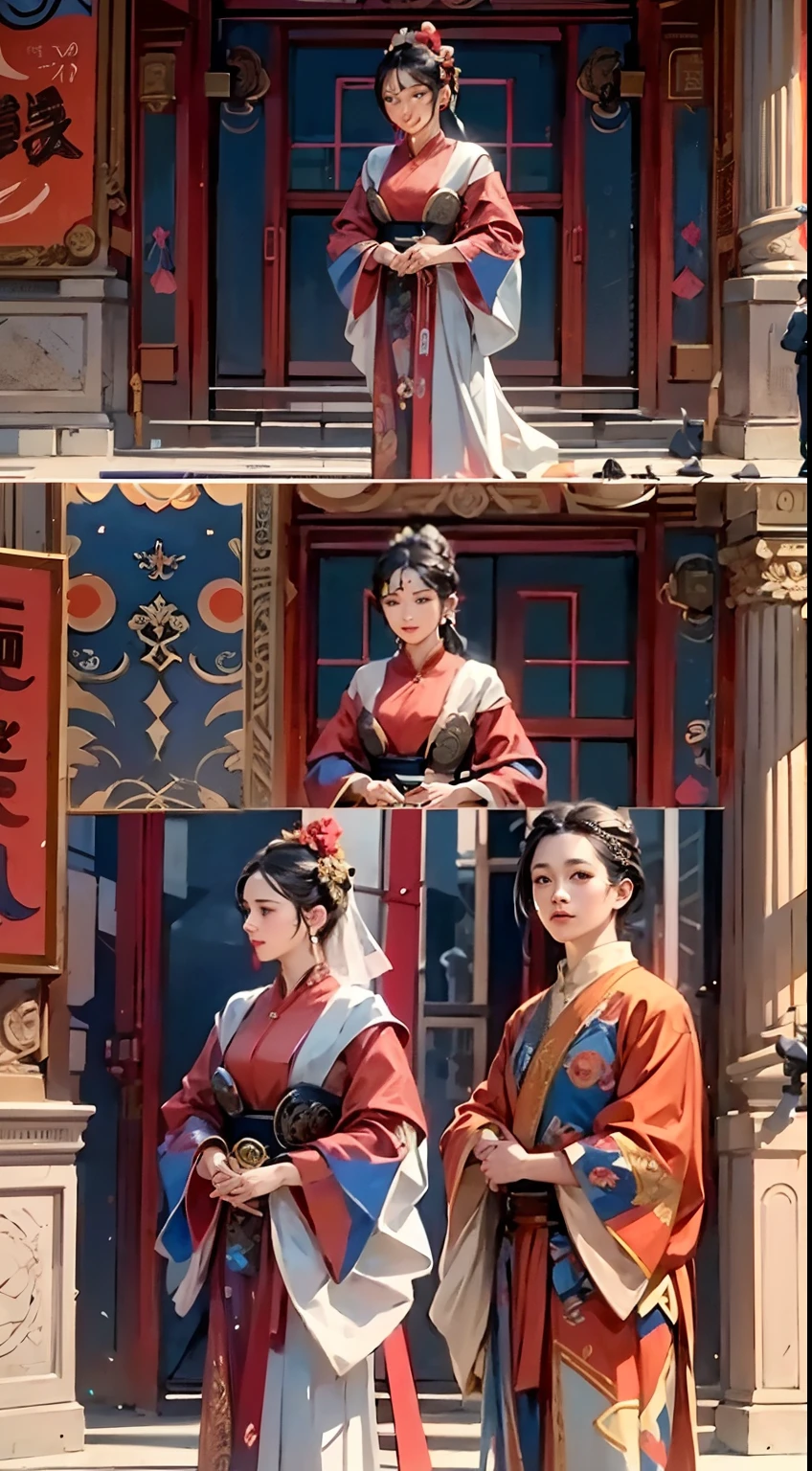 (Chinese beautiful woman), (ancientry), (In his left hand he holds a straight fan),(Half covered face),(Delicate and beautiful face), (Red silk robe)Stand in the courtyard, Frontal photo,A shallow smile, neo-classical, OP Art, Chiaroscuro, Cinematic lighting, god light, Ray tracing, character sheets, projected inset, first person perspective, hyper HD, Masterpiece, ccurate, Textured skin, Super detail, High details, High quality, Award-Awarded, Best quality, A high resolution, 8K