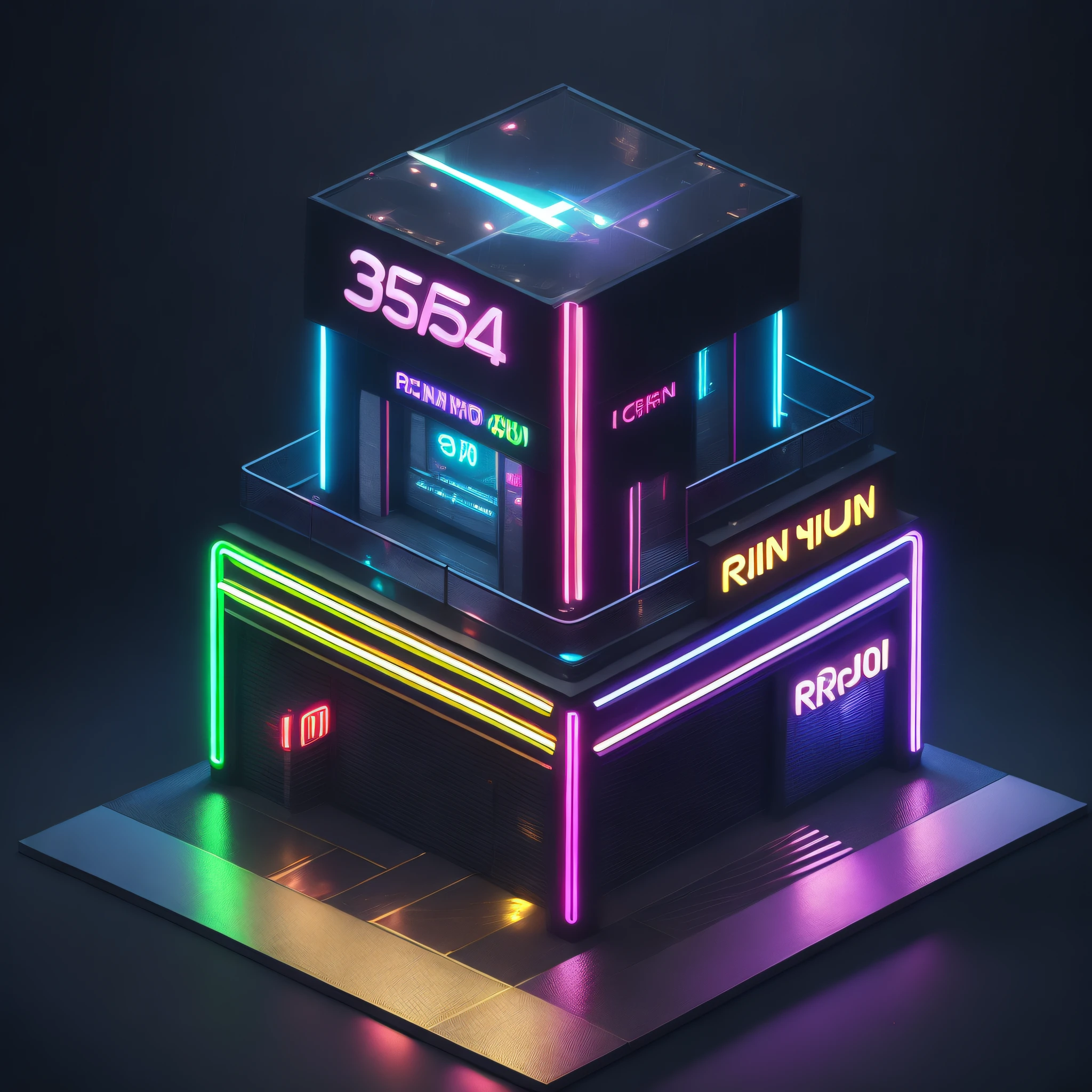 isometric, 45 degree, Centered,Rain Mini Nightclub,3Storey,Only 1 nightclub, One, With colorful neon, Pitch black background, Super realistic, High quality,