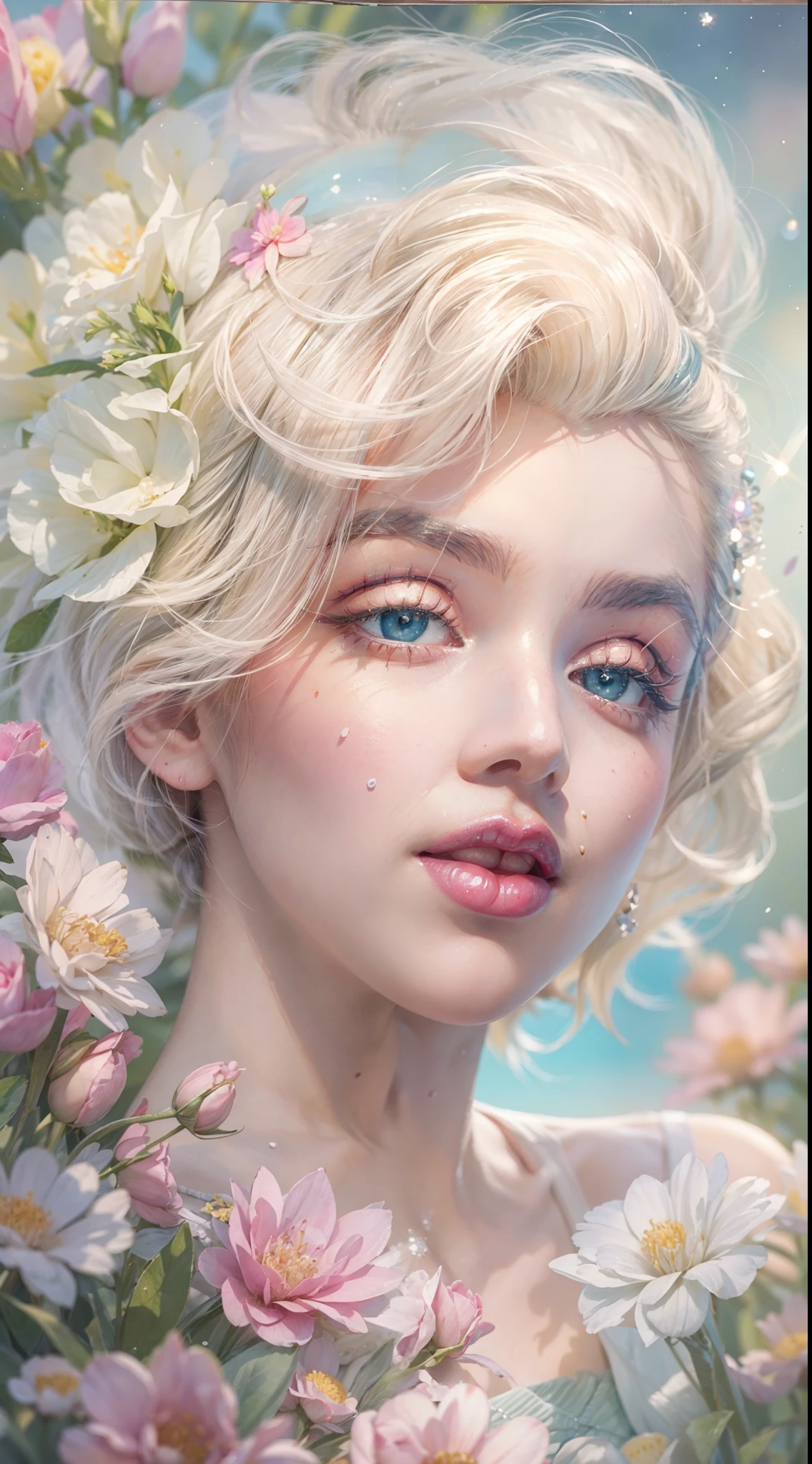 ((masterpiece)). This artwork is sweet, dreamy and ethereal, with soft pink watercolor hues and candy accents. Generate a delicate and demure fae exploring a (flowers world with a wide variety of pastel shades). Her sweet face is extremely detailed and realistic with elegant features , and looks like ((((Marilyn Monroe)))). Include mature features and stunning, highly realistic eyes. Her eyes are important and should be realistic, highly detailed, and beautiful. In high definition and detail, include lots of details like stars, galaxies, colorful bubbles, and lots of energy and emotion! enhanced details, iridescence, colorful glittering wind. Pay special attention to her face and make sure it is beautifully and realistically detailed. The image should be dreamy and ethereal.8k, intricate, elegant, highly detailed, majestic, digital photography