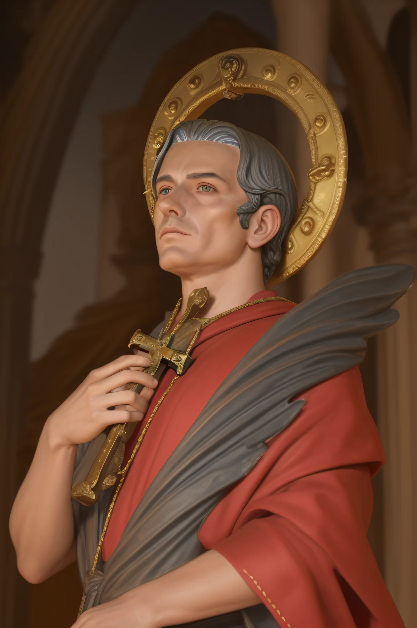 Statue of a man with a crown and a red robe, santo, christian saint, inspirado em Charles McAuley, portrait of saint of the pit, NPC com halo de santo, saint of the pit, NPC com um santo\halo do,  macho com halo, a statue of a saint holding a cross. Santo bonito, homem bonito, Homem com um rosto bonito.