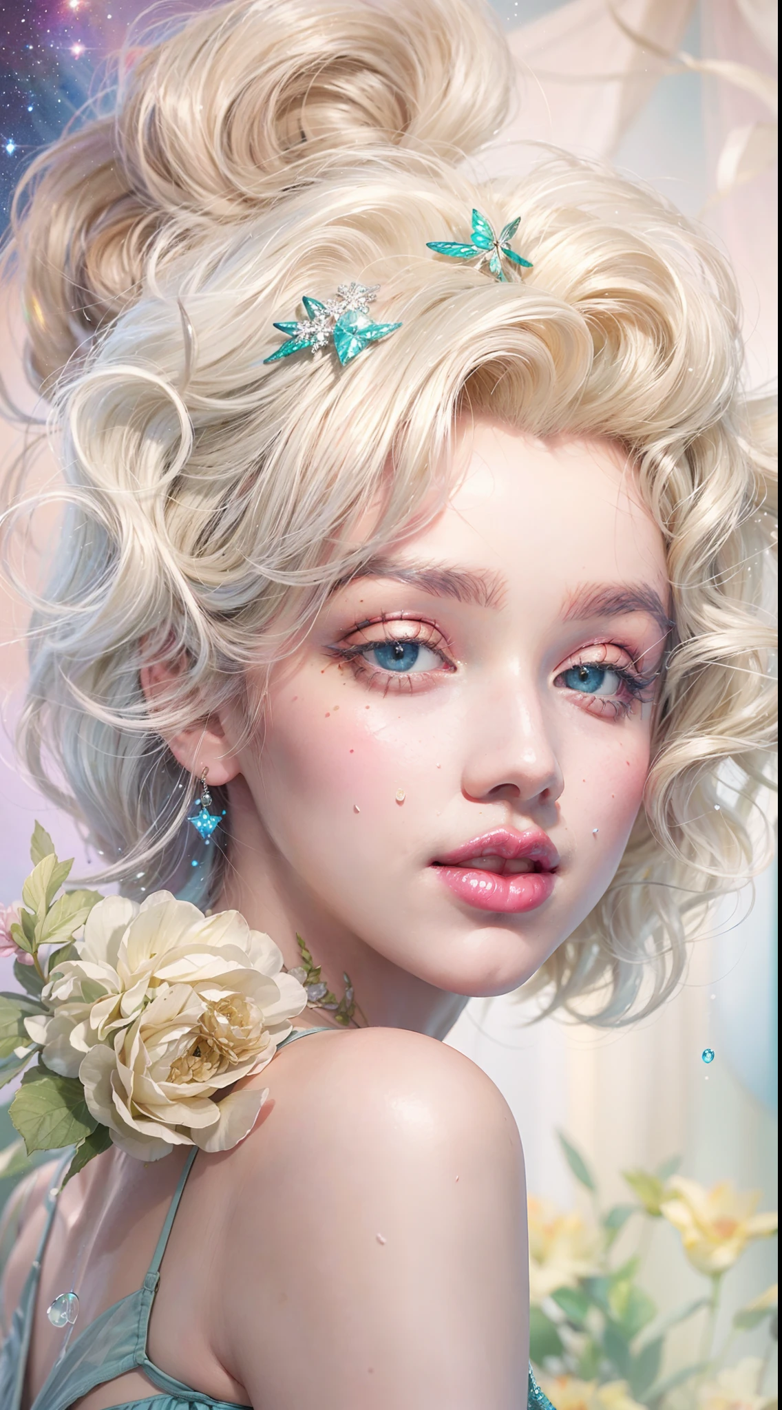 ((masterpiece)). This artwork is sweet, dreamy and ethereal, with soft  pink watercolor hues and candy accents. Generate a delicate and demure fae exploring a (flowers world with a wide variety of pastel shades). Her sweet face is extremely detailed and realistic with elegant features , and looks like ((((Marilyn Monroe)))). Include mature features and stunning, highly realistic eyes. Her eyes are important and should be realistic, highly detailed, and beautiful. In high definition and detail, include lots of details like stars, galaxies, colorful bubbles, and lots of energy and emotion! enhanced details, iridescence, colorful glittering wind. Pay special attention to her face and make sure it is beautifully and realistically detailed. The image should be dreamy and ethereal.8k, intricate, elegant, highly detailed, majestic, digital photography