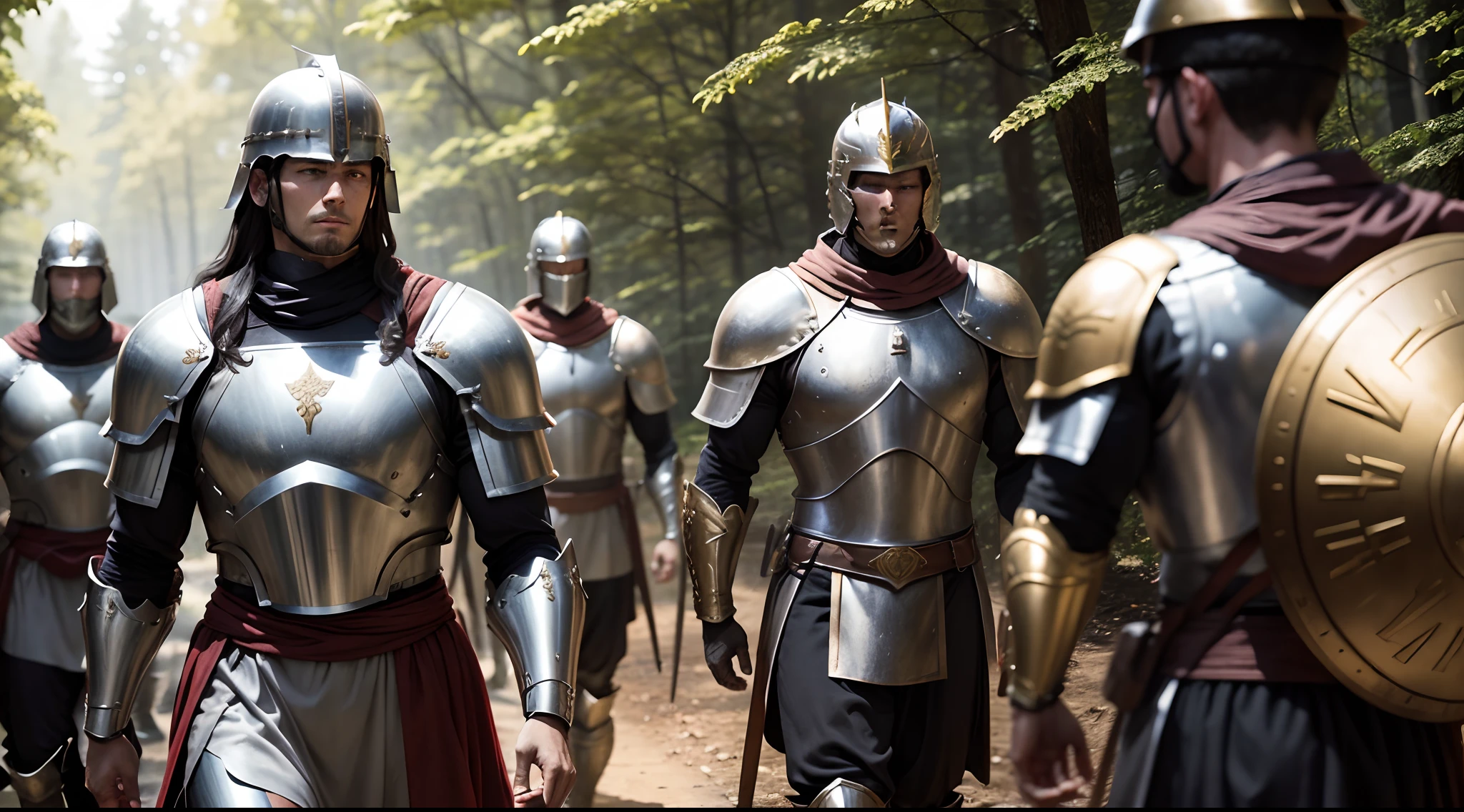 Several Roman soldiers, all male, metal armor, shields, marching in the forest --auto