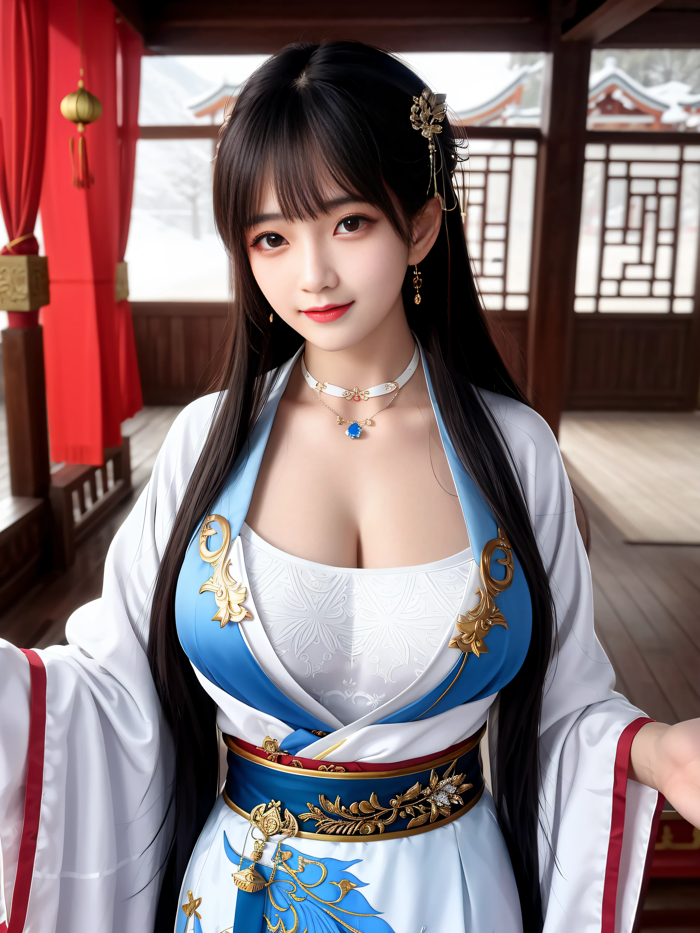 ((wide shot)),(full body),(bend over), 

((wide shot)),(full body), 1girl, [(blue ru_qun:1.4):(hanfu:1.4):0.2],perfect natural breasts(big breasts under wearing),(kpop idol:0.2),pearl skin,real human skin, black choker, red hair ornament,white detailed clothes, (blue obi:1.4), 

(extremly berutiful detailed face), happy mood, detailed eyes, thick eyebrows, red eyeshadow,shiny eyes, looking at viewer,smile,(smooth chin:0.85), long hair, blunt bangs, braid, golden hair ornament,