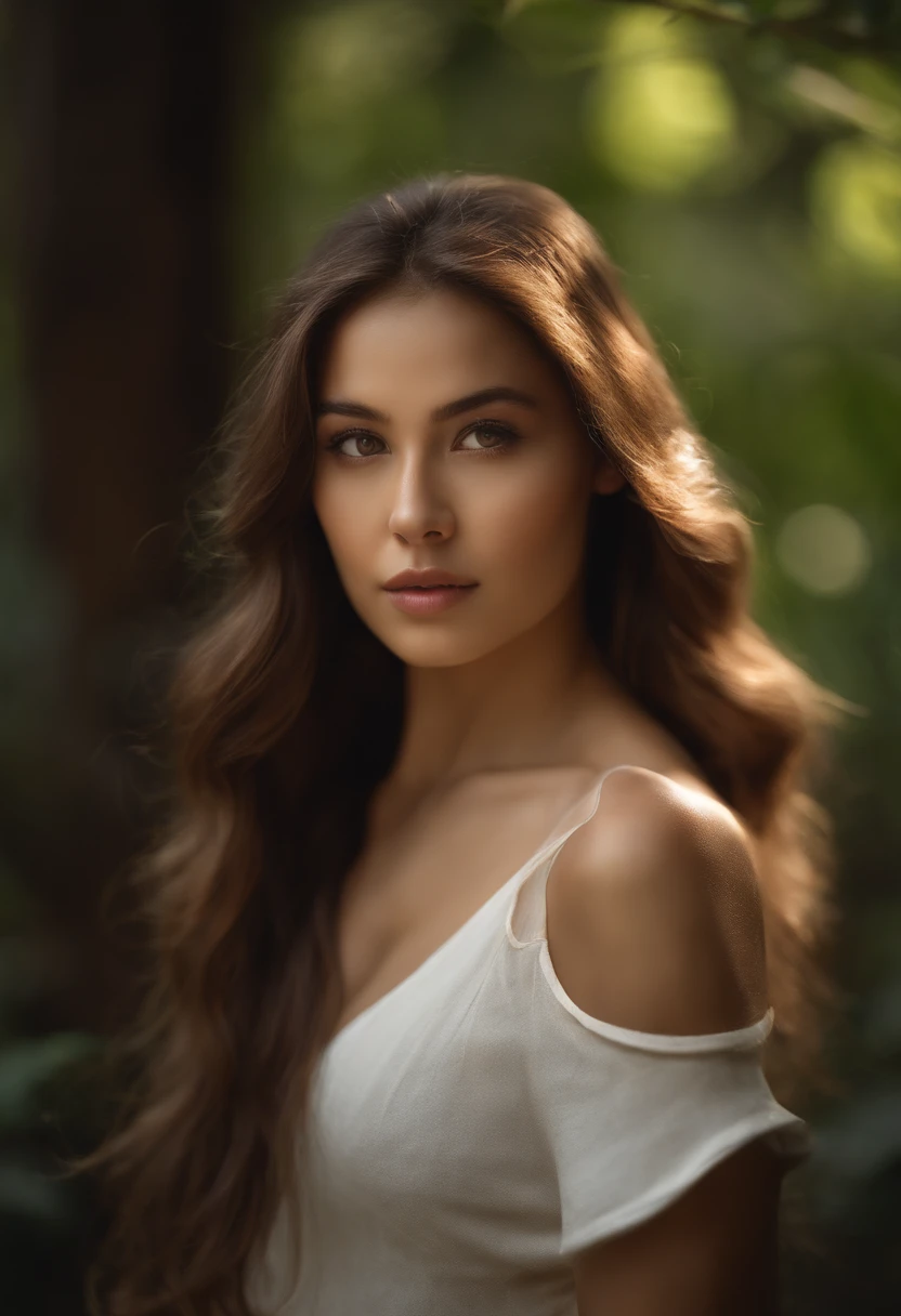 Nature photo of beautiful girl (Felia's number) , Wear a loose crop top top, bend over, Long loose hair, large bust, Shield your eyes on the camera, Eye symmetry, Face scale, Fotorrealista, Cinematographer, Route tracking, mirror lighting, Stereoscopic light of the face, The path traced by the hair, visible shadows, 复杂, exquisite