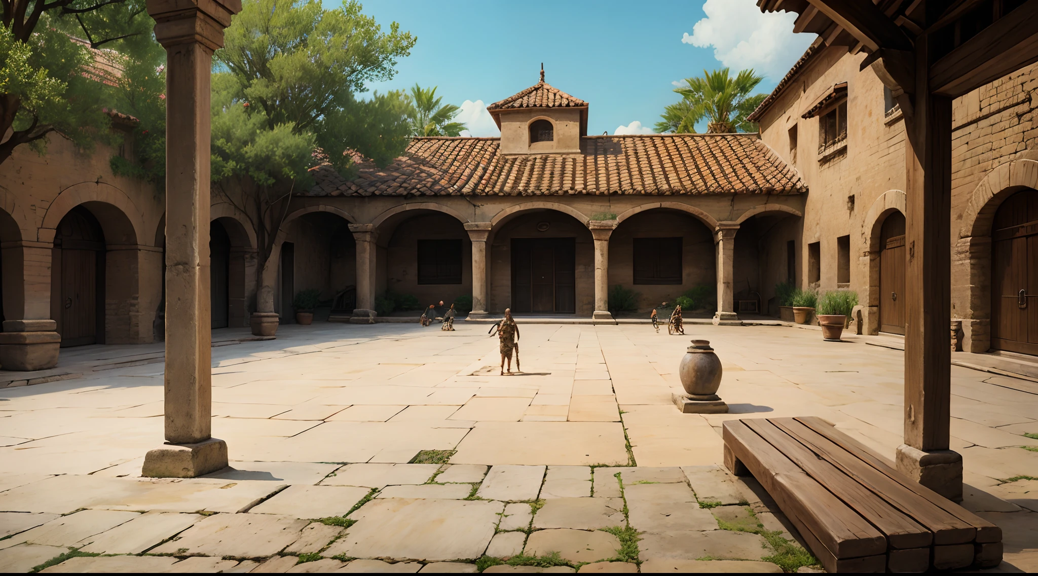 An ancient patio where gladiators train with wooden weapons, all male --auto