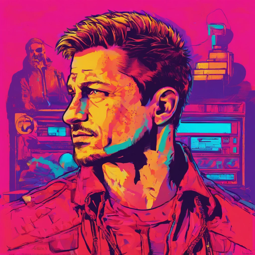 Homem com um moicano e uma tatuagem no rosto, Tyler Durden, clube da luta, Retrato de Brad Pitt, Brad Pitt, Retrato de Brad Pitt, com o rosto machucado e hematomas, usando tinta de guerra, sangue nas roupas e no rosto, tinta de guerra, Christian, Jeremy Renner, cena do filme fightclub, respingo de sangue nas laterais