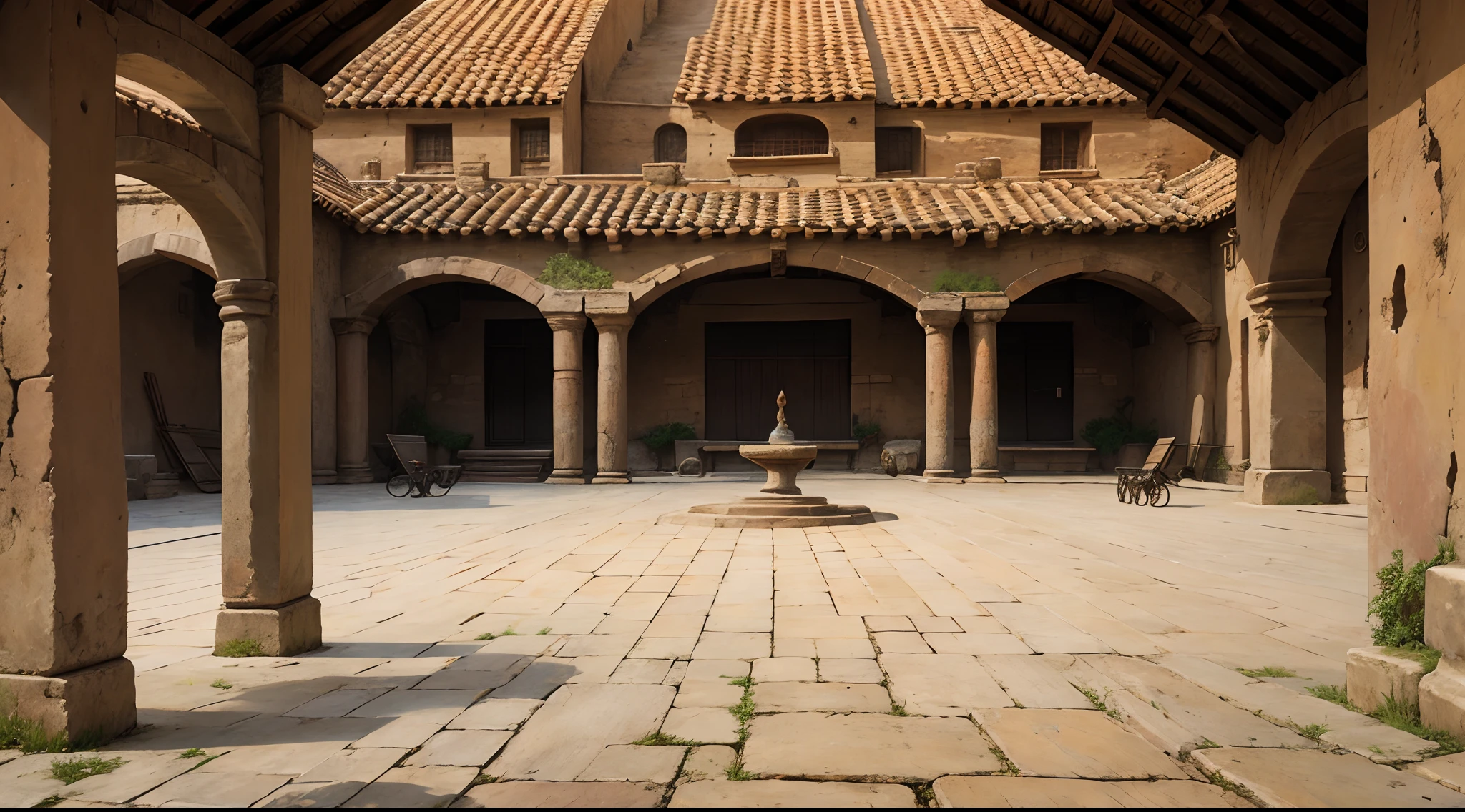 An ancient patio where gladiators train with wooden weapons, all male --auto