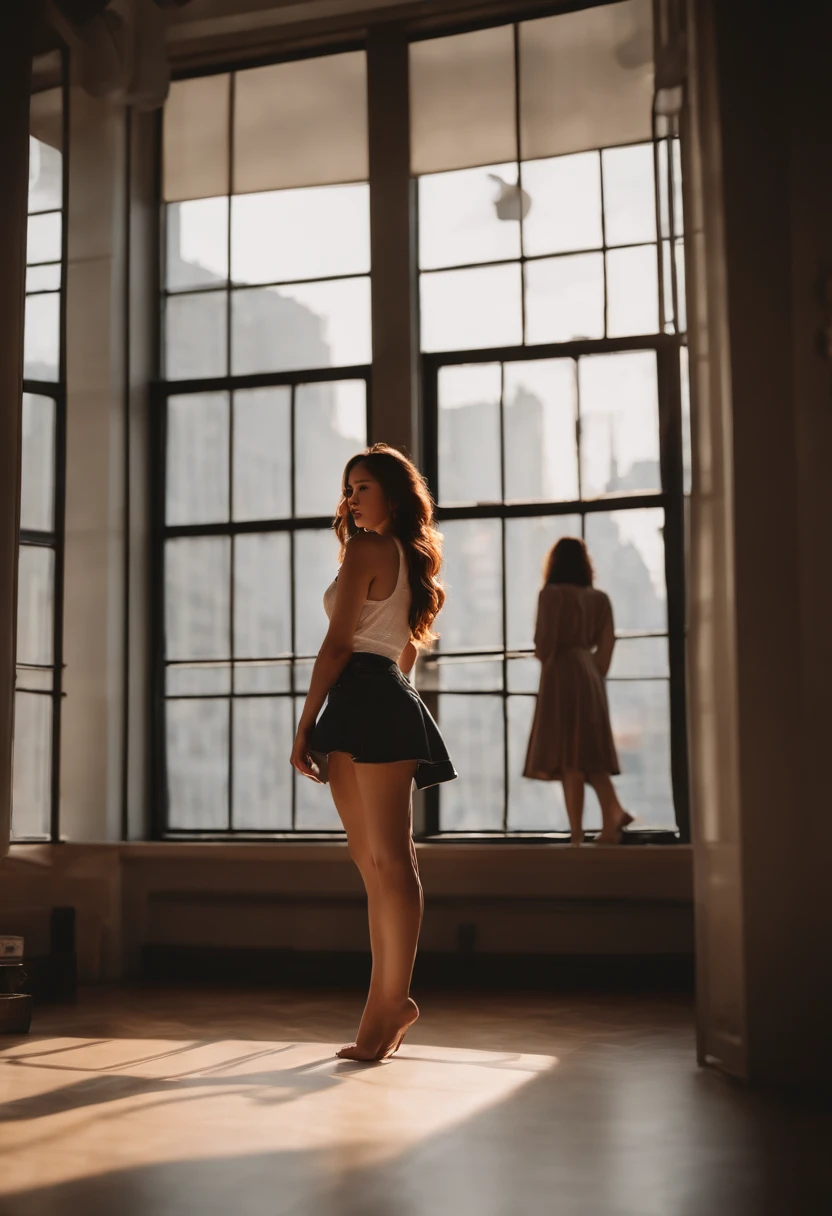 Show entire body, feet in view, 3 gorgeous 16 y.o. Asian females, slim body, large breasts, redhead, 8k resolution, short jean-skirt outfits, all wearing pantyhose, no shoes, living room, luxurious apartment, huge windows, nyc, afternoon,