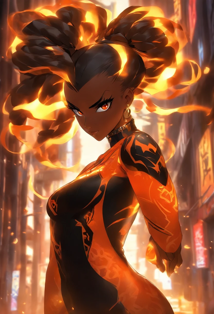 high resolution character art.,( dark-skinned female, spiritual power,23-year-old,, emmiting a visible aura., ), (black and orange hair in twintails, hetrochromia orange and gold Almond shaped eyes , full lips, full breast , big aluring ass, wide nubian concave nose, heart shaped strong physique, strong, alluring,)::10 ( black boots,sensual red and orange summer dress, red Stylistic 'R' tattoo on her abdomen. Her right hand on hip, left hand glowing silver . strong magnificent body , )::4 (masterpiece), high quality, Octane Render, intricate, intricate details, maximalist, highly detailed, finely detailed, ultra-detailed, Rival Schools, Edayn, udon, and Alex "oh8" Ahmed. The two-tone background features a busy festive futuristic street at night.