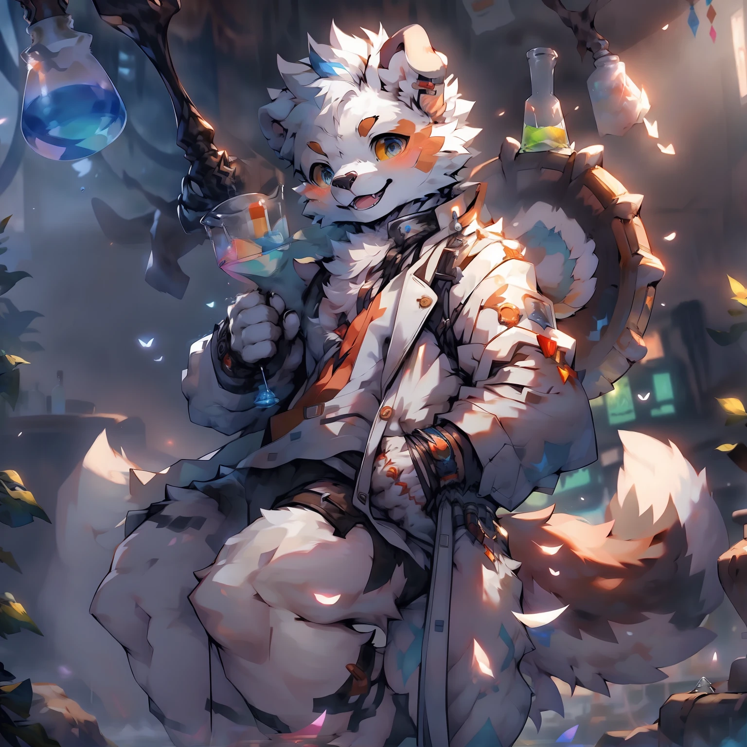 Bourne Mountain Dog Orc Boy，He is a chemical scientist，Chemistry lab background，Full body vista， Pure white trench coat, High-quality fanart, very very beautiful furry art, Furry,, Detailed background.,Perfect anatomy,Anatomically correct,Detailed,Detailed face,Detailed eyes,