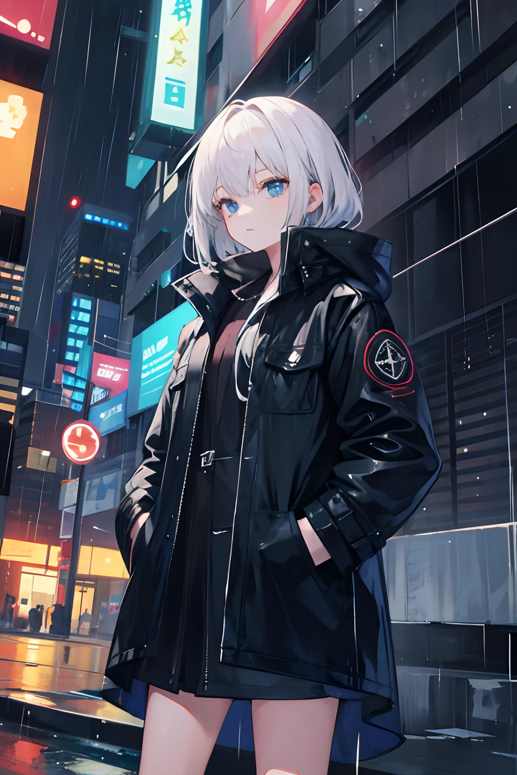 1girl, Night City, rain, coat, hands in pockets