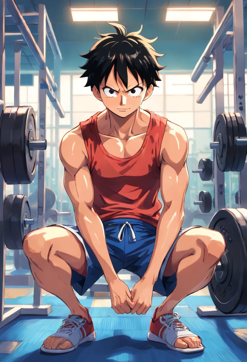 "Detailed illustration of Monkey D. Luffy in gym clothes training hard in bodybuilding gym, Estiro One Piece, There is no distinctive artistic style by Eiichiro Oda, full bodyesbian, Piece of art"