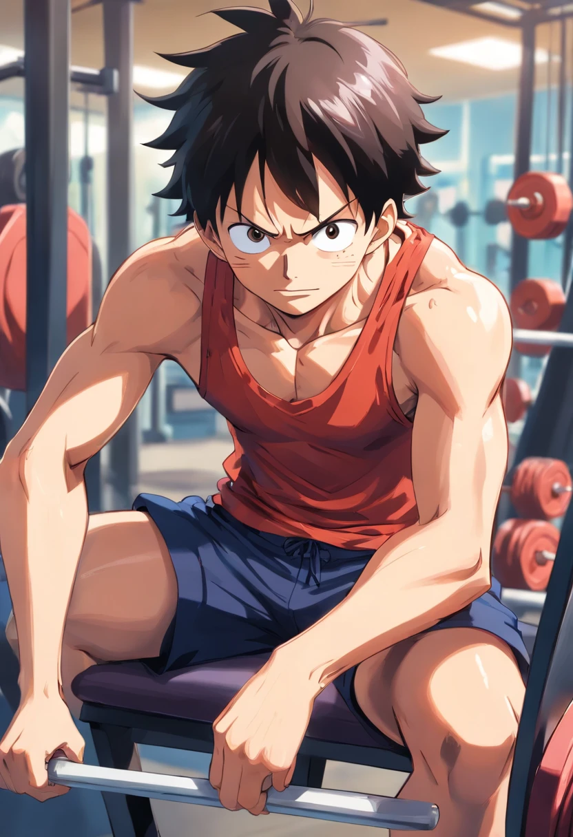 "Detailed illustration of Monkey D. Luffy in gym clothes training hard in bodybuilding gym, Estiro One Piece, There is no distinctive artistic style by Eiichiro Oda, full bodyesbian, Piece of art"