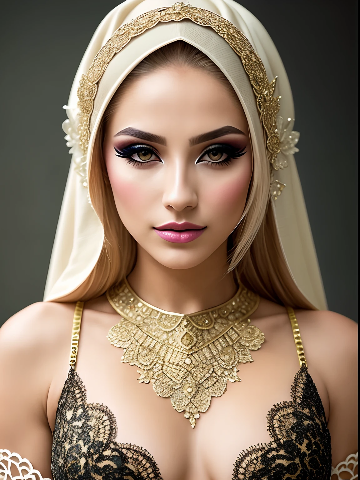 A portrait of a blonde, (makeup:1.4), amazing body, (fit body:1.2), lace outfit, highly detailed fur, natural skin texture, 4k textures, detailed belly, Highly detailed perfect smooth skin, Lightroom, Intricate, Ultra-Realistic, Out There, (HDR:1.3), UHD, (Intricate Detail, Hyper-Detailed:1.1), Cinematic, Photoreal, (Dark Shot:1.2), Dramatic, High Contrast, (Warm Color:1.1) , muted colors, master piece, elegant, sharp focus, hijab