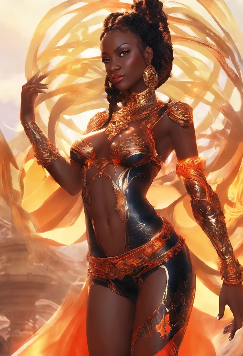 high resolution character art.,( dark-skinned female, spiritual power,23-year-old,, emmiting a visible aura., ), (black and orange hair in twintails, hetrochromia orange and gold Almond shaped eyes , full lips, full breast , big aluring ass, wide nubian concave nose, heart shaped strong physique, strong, alluring,)::10 ( black boots,sensual red and orange summer dress, red Stylistic 'R' tattoo on her abdomen. Her right hand on hip, left hand glowing silver . strong magnificent body , )::4 (masterpiece), high quality, Octane Render, intricate, intricate details, maximalist, highly detailed, finely detailed, ultra-detailed, Rival Schools, Edayn, udon, and Alex "oh8" Ahmed. The two-tone background features a busy festive futuristic street at night.