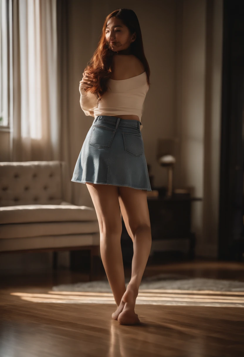 Show entire body, feet in view, gorgeous 16 y.o. Asian female, slim body, large breasts, redhead, 8k resolution, short jean-skirt outfits, wearing pantyhose, no shoes, living room, luxurious apartment, huge windows, nyc, afternoon,