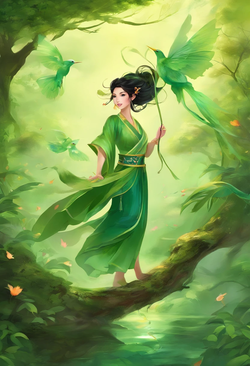 Large green leaves,verde claro,suns,Two swallows,bird nest,Tender green leaves,The kite wears a Chinese Han dynasty costume,Chinese fairy with loose black hair