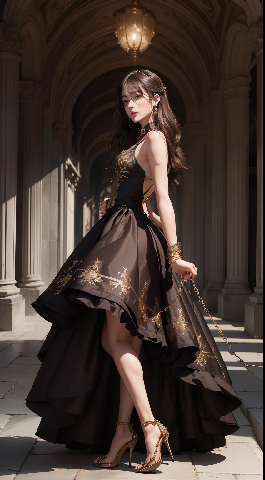 top quality picture 、 United Kingdom 、Large aristocratic mansion , Black collar and chain accessories 、 (((Brown High Heels))) 、Elegant embroidered dress in white 、Walking 、Facing down 、bound breast 、Small udder 、 Put your arms around your back 、is standing 、 Dark hair 、Detailed expression , beautidful eyes, (((super low angle))) 、 shining beautiful skin , Sweat 、