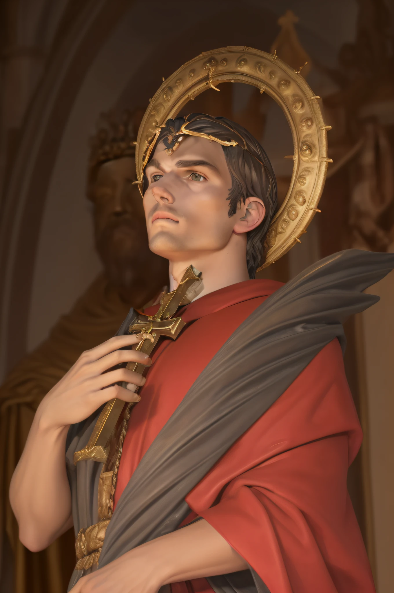 Statue of a man with a crown and a red robe, santo, christian saint, inspirado em Ashton Kutcher, portrait of saint of the pit, NPC com halo de santo, saint of the pit, NPC com um santo\halo do,  macho com halo, a statue of a saint holding a cross. Santo bonito, homem bonito, Manly man.