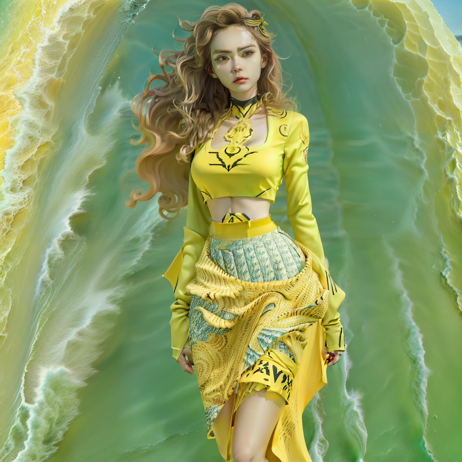 Big yellow waves, hip-wrapped skirt, three-dimensional facial features, golden ratio body