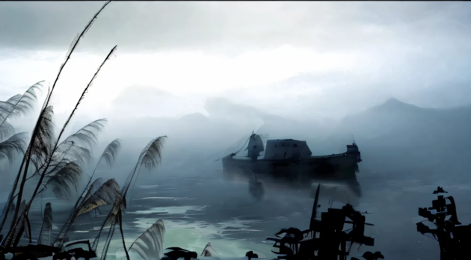 there is a boat that is floating in the water on a foggy day, epic matte painting of an island, a still of an ethereal, cinematic ligh《befall》Still, Ship on a desert island, Mysterious mist, screenshots from movies, video still, fantasy movie still, in a foggy lake, movie screen shot, water fog, screenshots from movies