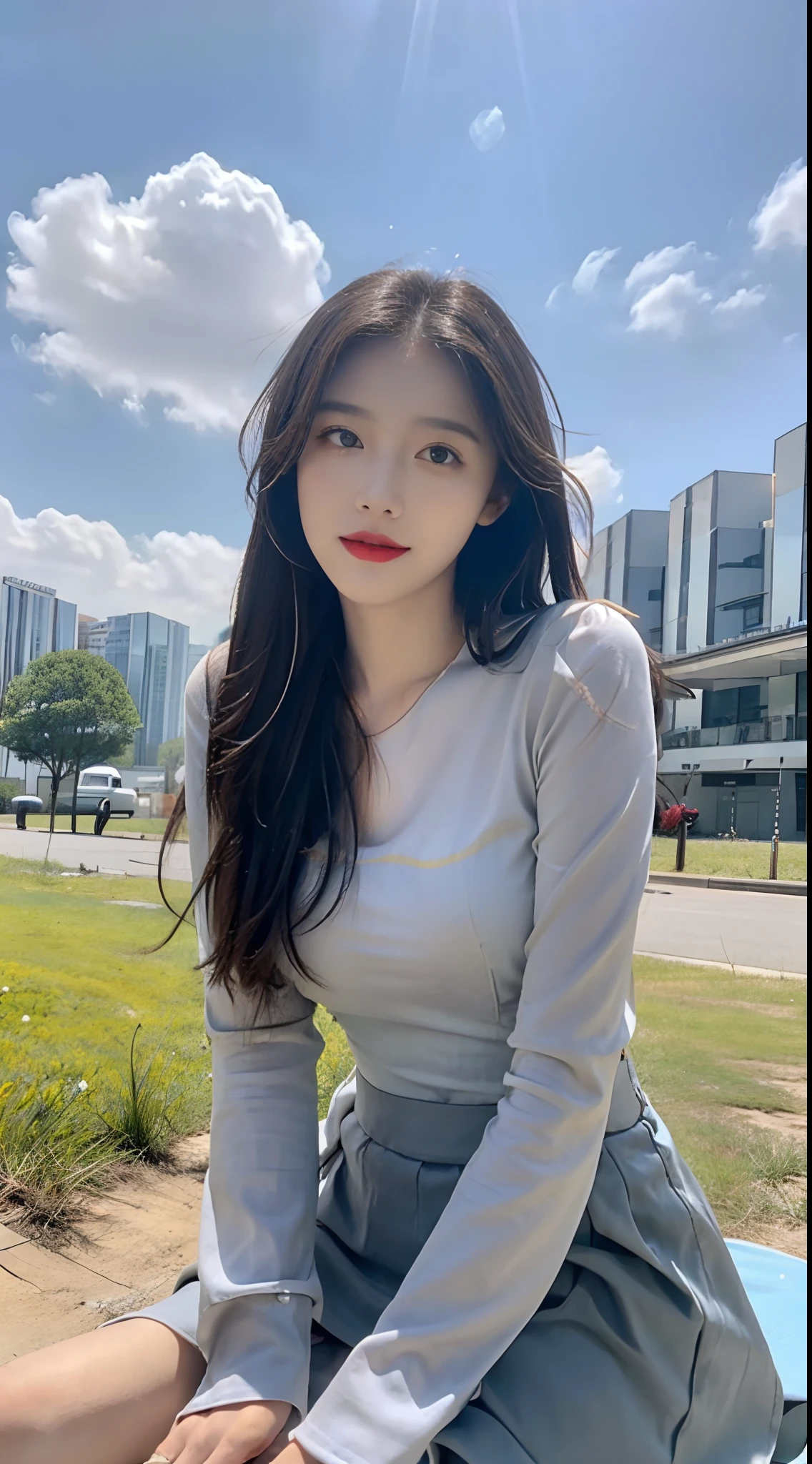 ((best qualtiy, 8K, tmasterpiece:1.3)), A pretty maiden，Pure，Melon seed face，gentle and cute，A sweet smile，Pure desire，Thin stature，(frontage)，(Tilt your head)，staring right into camera，uniform, Obi, formal，Black silky long, Straight hair，Long hair flowing over the shoulders，round black big eyes，Clear big eyes，Hydrated red lips，Sweet，Sit by the road，with blue sky and white clouds，Blue skies，grassy fields，Buildings，