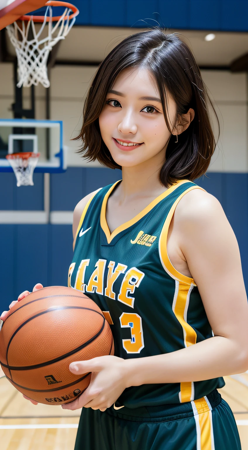 masutepiece, Best quality, Photorealsitic, finedetail, A high resolution, 8K wallpapers, Perfect dynamic composition, full body shot of、Beautiful detailed eyes, Medium short wave hair, Large full breasts, (Basketball player 1.3)、Breast bulge、A smile、basketball playground、25 age old、(Sagging eyes 1.3)、Adult beauty、natural make up、jpn、Black eyes