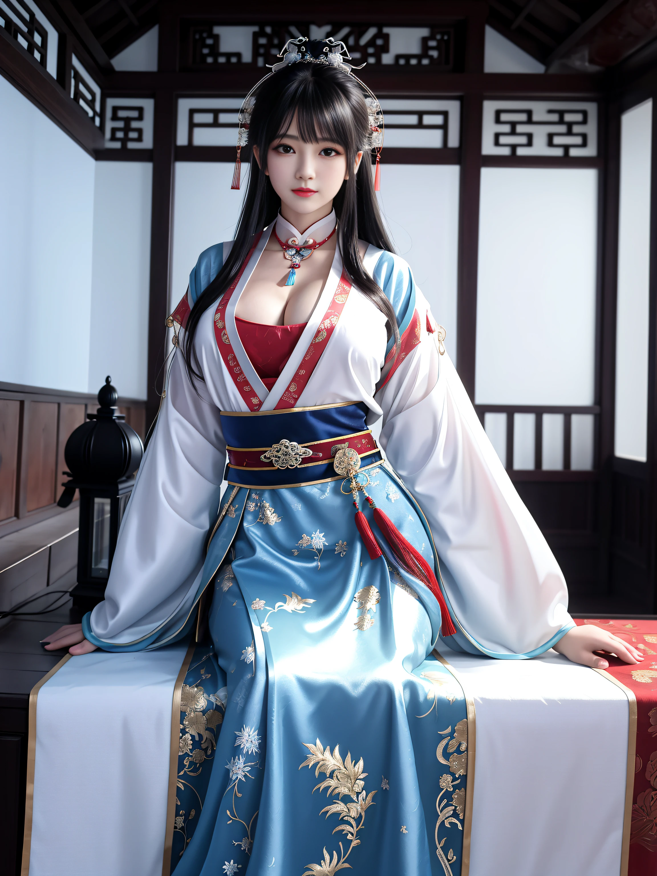 tmasterpiece,The best quality,tmasterpiece,A high resolution,primitive,Extremely detailed 8k wallpaper,over exposure,1girll,a matural female,Nice face,Close-up Shot Shot,The chest is huge and shiny,The depth of the chest,There is a lamp on the looming chest,Extremely Delicately Beautiful,Beautiful and detailed eyes description,delicated face,(Huge breasts)(There is a light in the chest),Winter snow,Chinese style architecture,hair adornments,choker necklace,Chinese-style clothes,Chinese Hanfu,White and blue robes,耳Nipple Ring,Long hair,crossed bangs,perfect female shape,profesional lighting, photon maping, Radio City, physically-based renderingt, above waist