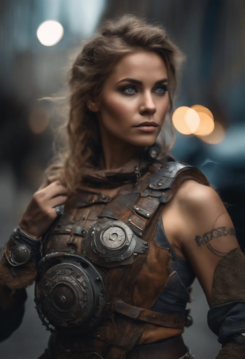 Detailed photo of a beautiful futuristic warrior in a dystopian city, Tattered hold with rusty metal armor plates, longs poils sauvages, tattooed arms and body, pose de mode, yeux bleus avec iris rond, Detailed face, Environnement apocalyptique, pose naturelle du corps, Photographe professionnel, filmed with a professional SLR camera, Artistes professionnels de fantasy, Professional artists of rococo and baroque background, ArtStation Professional Artists
