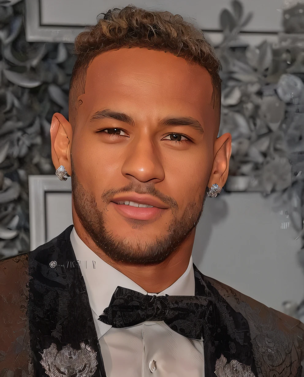 There's a man with a bow tie and a suit jacket, neymar jr, neymar, neymar em gta v, cabelo crespo, taken in the early 2020s, ((Saturado)), arte digital. @mariomaniacdude, ele tem cabelos castanhos curtos e cacheados, feito com photoshop, Anato Finnstark. rostos perfeitos