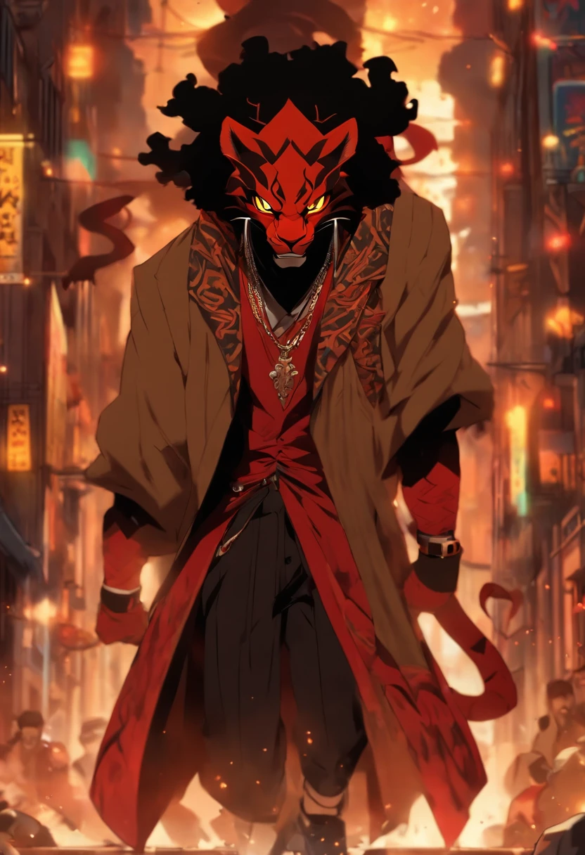 high resolution thick-line fighting game, splash-art character art (((Dark-skinned male))),((Nubian nose ,faded cut, well trimmed beard and mustache:2, black slacks, midnight vest and tie, crimson shirt, red mid - finger gloves, italian shoes and a capone hat with a steel tiger clip on the side, hooded onyx eyes, serpent tattoo in a symbol similar to the ‘Ankh on his forehead, sword in hand,))::10 (immortal, Guild vanguard, Walking a busy festive futuristic street at night and bares a red tattoo of a bold 'R' on his neck. )::4 (masterpiece), high quality, Octane Render, intricate, intricate details, maximalist, highly detailed, finely detailed, ultra-detailed, Rival Schools, Edayn, udon, and Alex "oh8" Ahmed. The two-tone background features an evening sun cascading over a futuristic urban , city