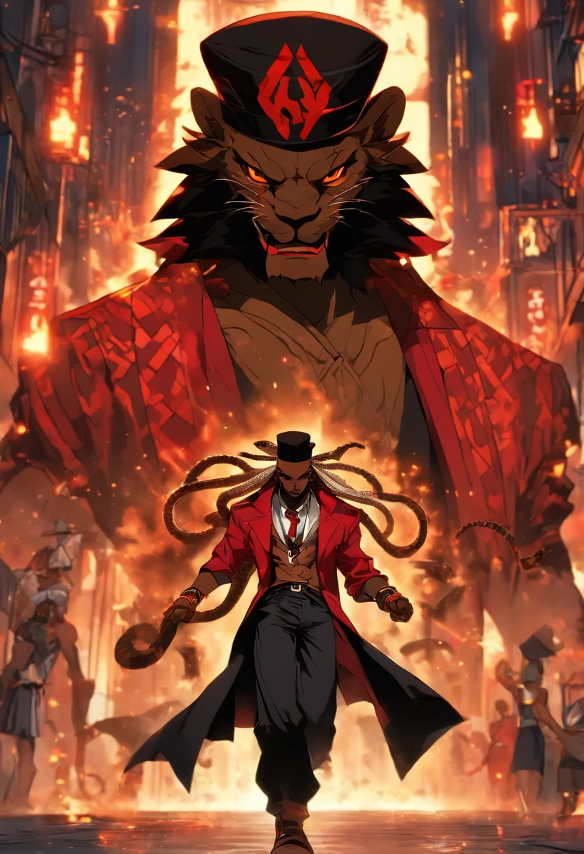 high resolution thick-line fighting game, splash-art character art (((Dark-skinned male))),((Nubian nose ,faded cut, well trimmed beard and mustache:2, black slacks, midnight vest and tie, crimson shirt, red mid - finger gloves, italian shoes and a capone hat with a steel tiger clip on the side, hooded onyx eyes, serpent tattoo in a symbol similar to the ‘Ankh on his forehead, sword in hand,))::10 (immortal, Guild vanguard, Walking a busy festive futuristic street at night and bares a red tattoo of a bold 'R' on his neck. )::4 (masterpiece), high quality, Octane Render, intricate, intricate details, maximalist, highly detailed, finely detailed, ultra-detailed, Rival Schools, Edayn, udon, and Alex "oh8" Ahmed. The two-tone background features an evening sun cascading over a futuristic urban , city