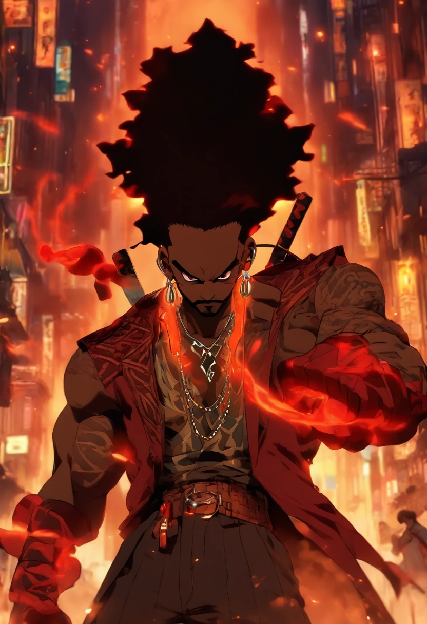 high resolution thick-line fighting game, splash-art character art (((Dark-skinned male))),((Nubian nose ,faded cut, well trimmed beard and mustache:2, black slacks, midnight vest and tie, crimson shirt, red mid - finger gloves, italian shoes and a capone hat with a steel tiger clip on the side, hooded onyx eyes, serpent tattoo in a symbol similar to the ‘Ankh on his forehead, sword in hand,))::10 (immortal, Guild vanguard, Walking a busy festive futuristic street at night and bares a red tattoo of a bold 'R' on his neck. )::4 (masterpiece), high quality, Octane Render, intricate, intricate details, maximalist, highly detailed, finely detailed, ultra-detailed, Rival Schools, Edayn, udon, and Alex "oh8" Ahmed. The two-tone background features an evening sun cascading over a futuristic urban , city