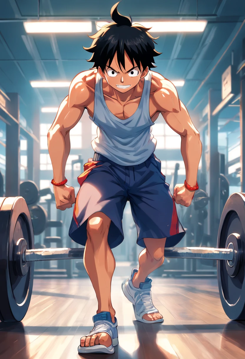 "Detailed illustration of Monkey D. Luffy in gym clothes training hard in bodybuilding gym, Estilo One Piece, There is no distinctive artistic style by Eiichiro Oda, full body Esbian, Piece of art"、Show off your amazing upper body muscles
