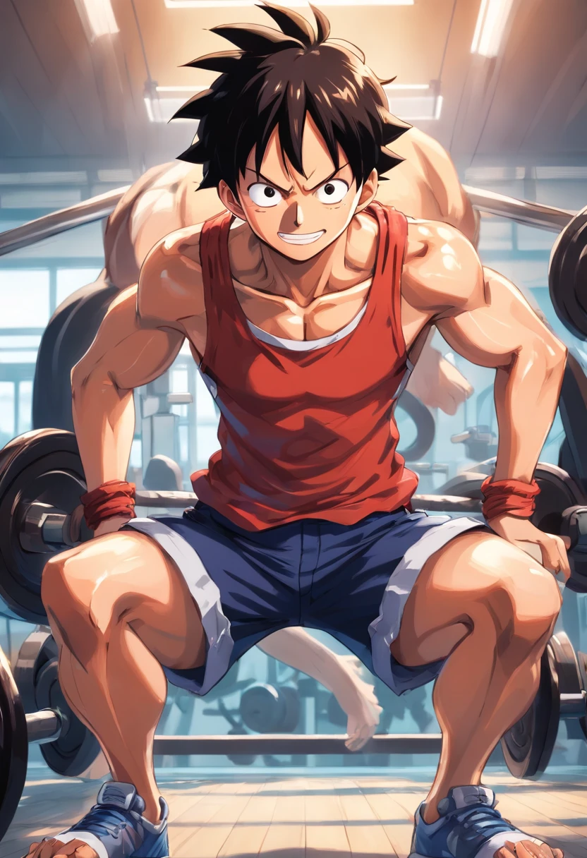 "a detailed illustration of Monkey D. Luffy in gym clothes training intensely in a bodybuilding gym, estilo One Piece, no characteristic style of art by Eiichiro Oda, corpo completo, obra de arte"
